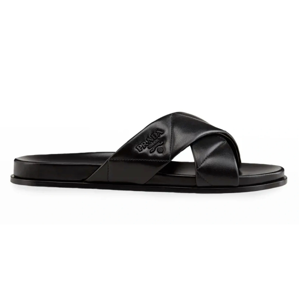 Prada Quilted Criss Cross Strap Black Leather Logo Slide Sandal Mule Flat 39.5 - Picture 1 of 12